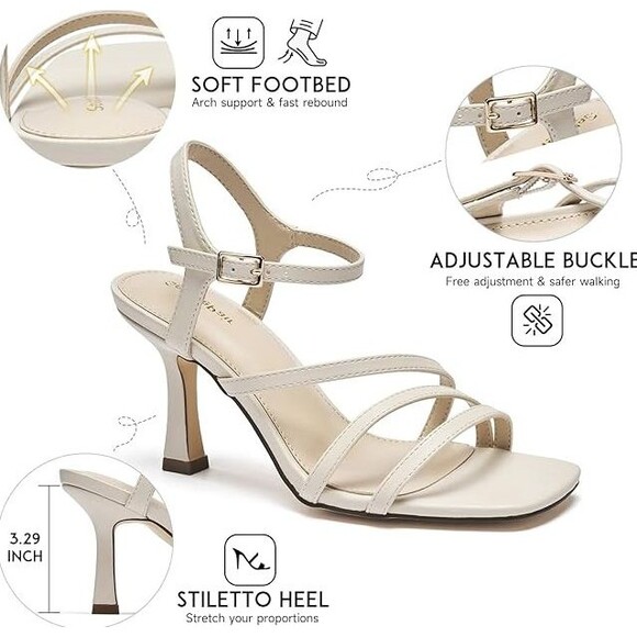 Women’s Stiletto Heels Sparkle Square Toe Ankle Strap Sandals Shoes Beige 9 - Picture 2 of 10